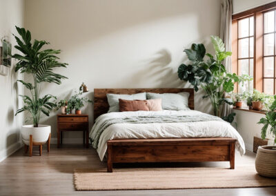 bed with plants near